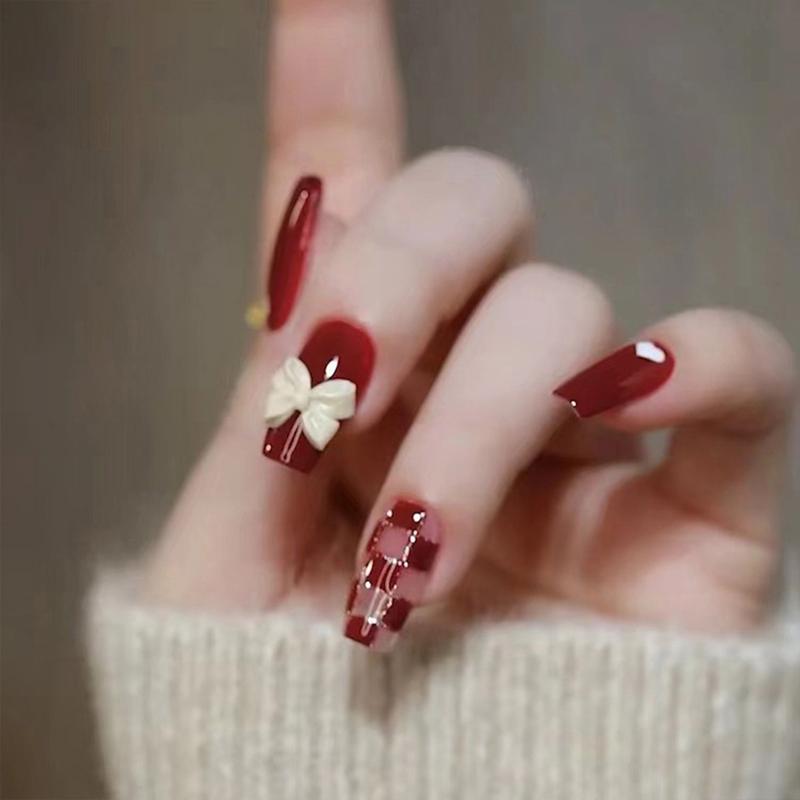 Móng Tay Giả, Màu Đỏ Rượu Vang Vang Cổ Điển Với Đồ Trang Trí Hoa Trà Ba Chiều Và Paillette Đầy Màu Sắc Móng Tay Giả Không Phai Màu Cho Bé Gái, Đồ Trang Trí Tay Đính Hôn 7