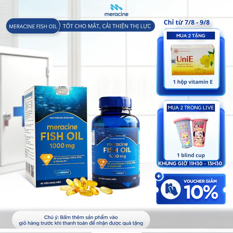 Viên Dầu Cá Meracine Fish Oil 1000mg Bổ Sung Omega 3, Hỗ Trợ Sáng Mắt, Bổ Não, Bảo Vệ Tim Mạch (Hộp 90 Viên)