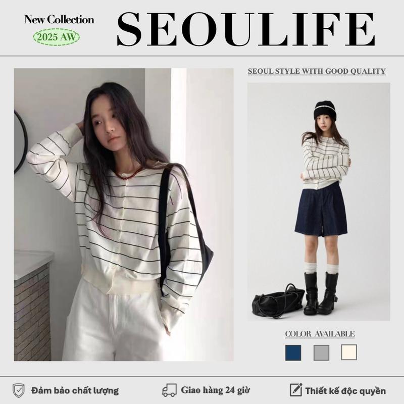  SEOULIFE|  Áo Dệt Kim Dài Tay Áo phông len kẻ sọc nữ đẹp áo thu đông nữ đẹp 2025 Sọc Khối Màu Nhẹ Thiết Yếu Lớp len nữ kiểu đẹp kny cardigan 