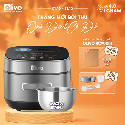 Nồi Cơm Điện Cao Tần OLIVO RC900IH 1.5L - Lòng Nồi INOX 316L Cao Cấp, Công Nghệ Cao Tần IH, Nguồn Nhiệt Kép Gia Nhiệt Đa Chiều, Bảng Điều Khiển Cảm Ứng OLED, 18 Chế Độ Cài Sẵn, Bảo Hành 24 Tháng, Chính Hãng