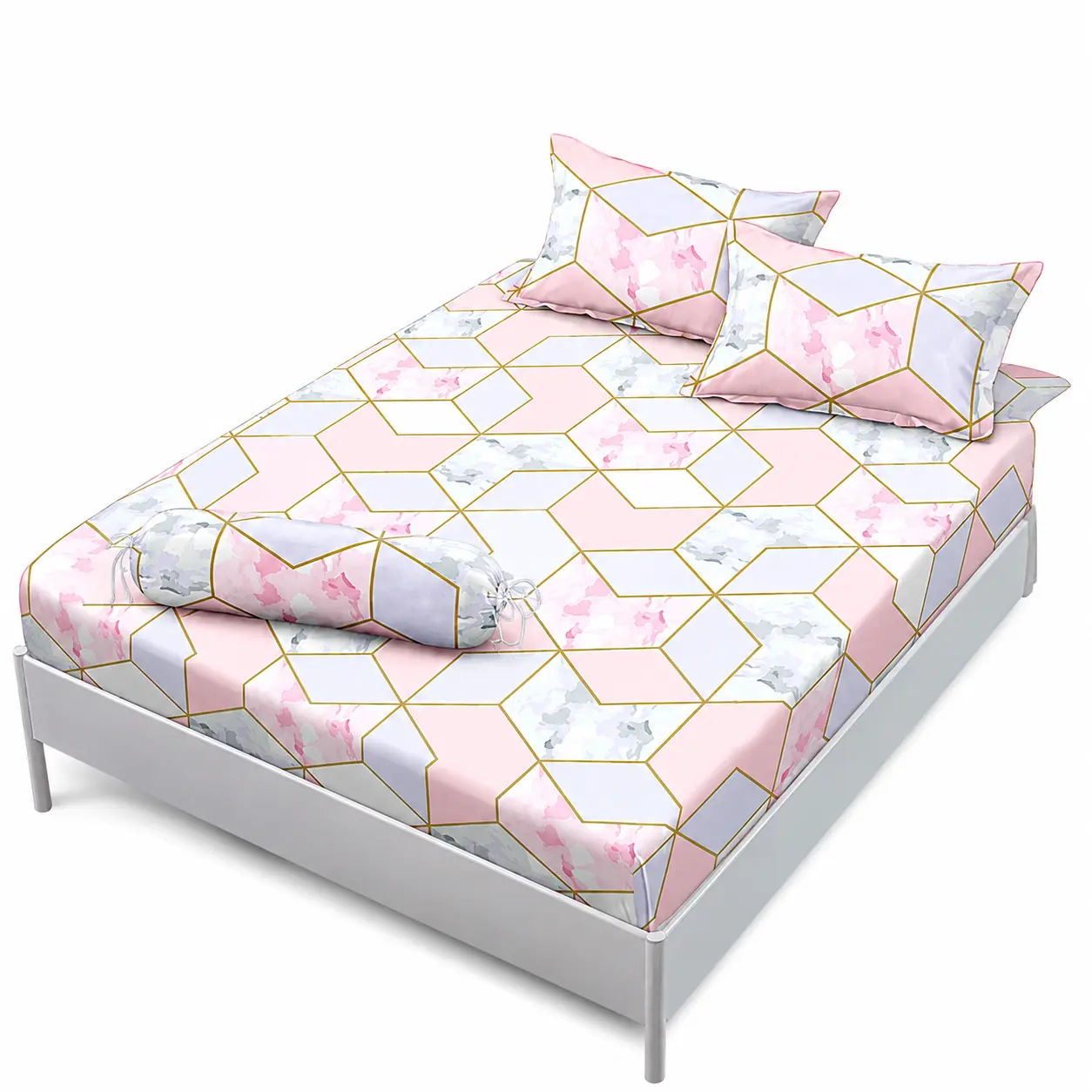 Sprei (1 Set) 180x200x20 / 160x200x20 / 140x200x20 / 120x200x15 / 90x200x15 Motif Marble Pink Komplit Sarung Bantal Guling