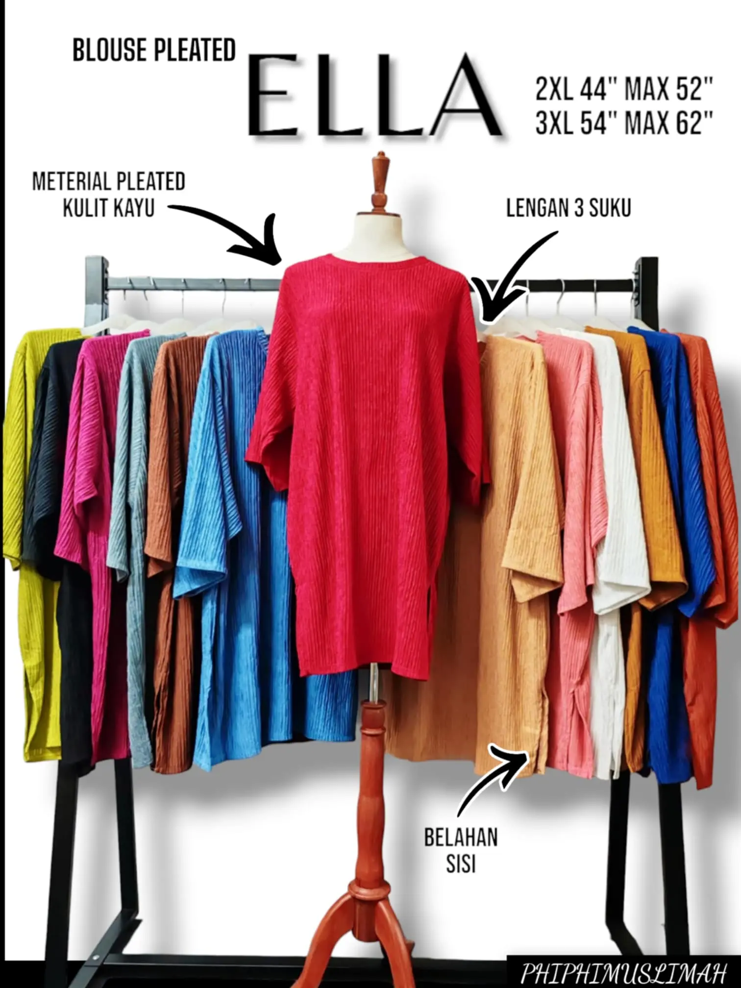 PLUSSIZE BLOUSE PLEATED ELLA KAIN KULIT KAYU BY PHI PHI MUSLIMAH FASHION | READY STOCK