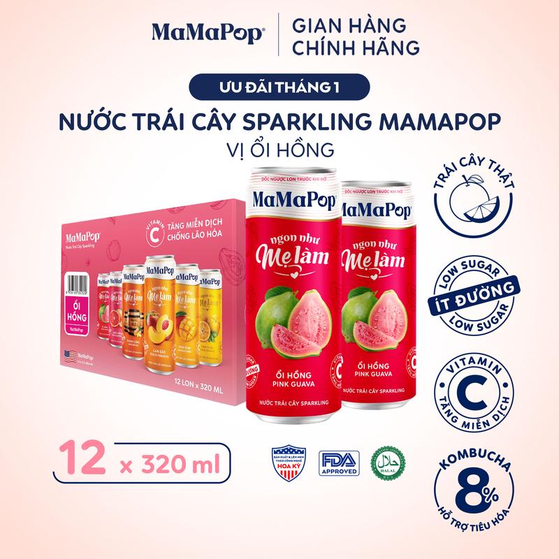  Mamapop thùng 12 lon nước trái cây có ga vị Ổi Hồng 320ml - Kết hợp với trái cây tự nhiên giàu Vitamin C 