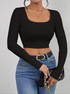 Top corto de color sólido para mujer, top corto de manga larga informal para uso diario, ropa de mujer para todas las estaciones