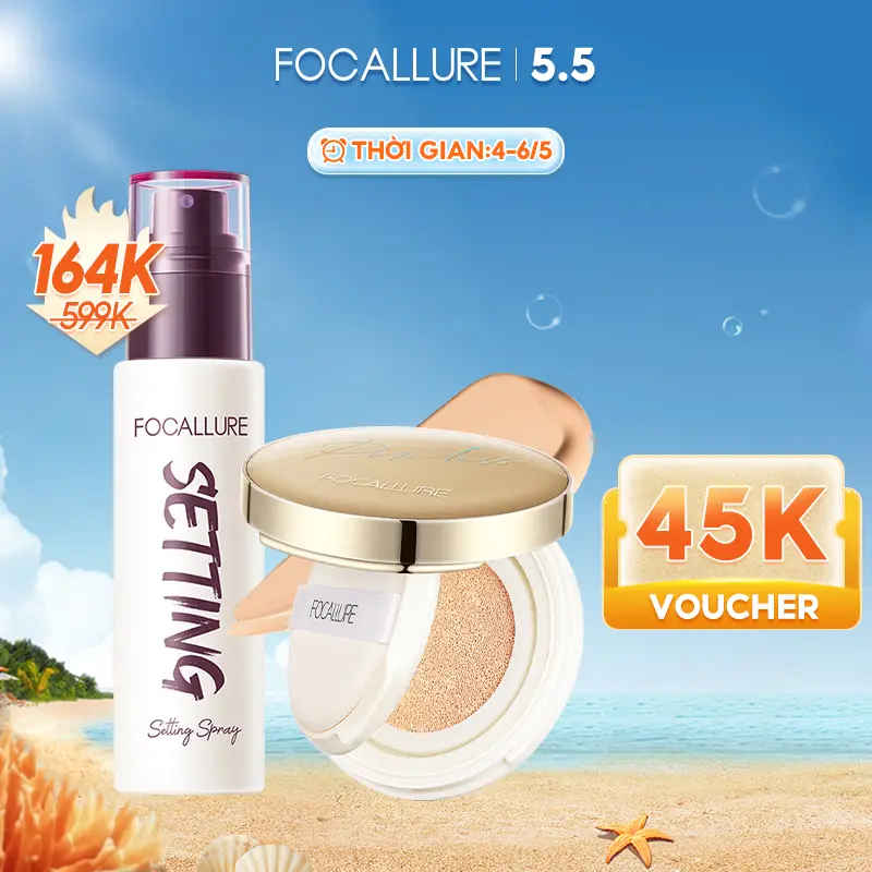 Focallure Combo 2 Món Cushion Phấn Nước + Xịt Khóa Hỗ Trợ Cố Định Lớp Trang Điểm Phù Hợp Cho Mọi Loại Da