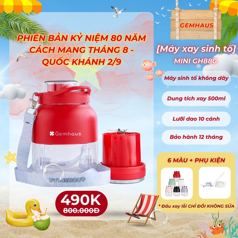 [2025 Edition New] Máy xay sinh tố dùng pin sạc mini Gemhaus GH880 500ml,  dung tích đựng nước 800ml, nhỏ gọn, tiện lợi, có kèm dây đeo cổ và nắp đậy, bảo hành 12 tháng, đầu xay lỗi chỉ đổi không sửa.