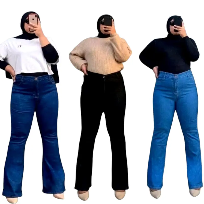 Celana Jeans Highwaist Cutbray wanita jumbo 35-46 Big Size Muat BB 100kg Hitam - jeans Wanita - Cewek Panjang Karet