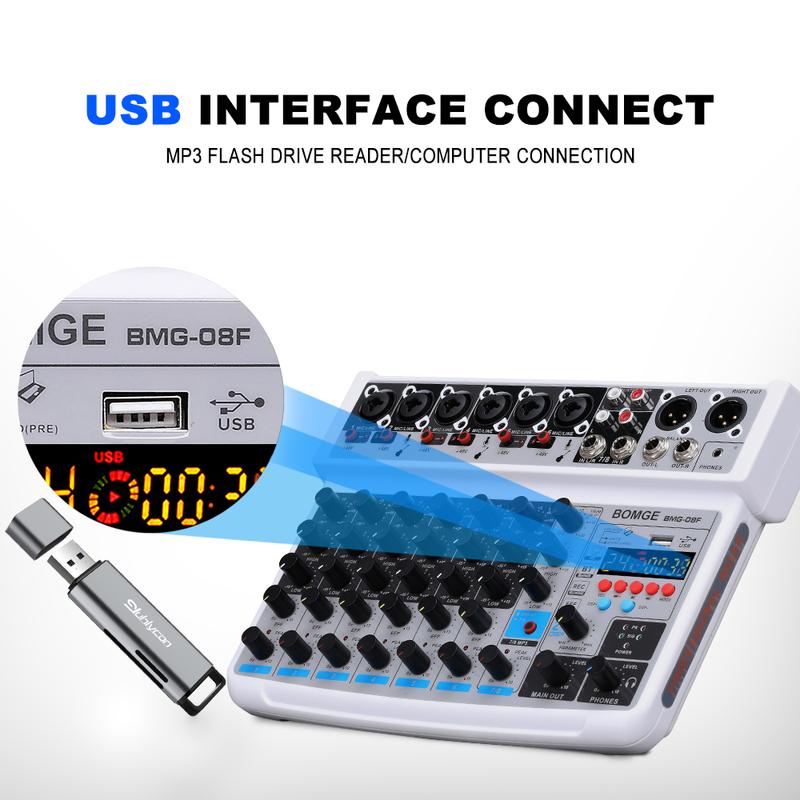 BOMGE-mini 8 Channel Audio Mixer, Line Mixer, DC 5V, with MP3 Player, Bluetooth, 48V U Disk, 24DSP Effect, USB Recording Suitable for small club or bar, studio recording 6