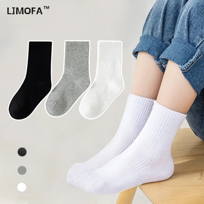 6 Pairs Crew Socks Casual for Student Cotten Socks for Kids 1-12 Years White Socks Black Gray Comfort