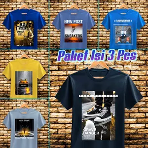 Paket Isi 3 Pcs Kaos Oblong Pria & Wanita Kaos Dewasa & Anak anak Motif Gambar Distro Katun Baju Pendek Sablon Santai Unisex Cowok Polos