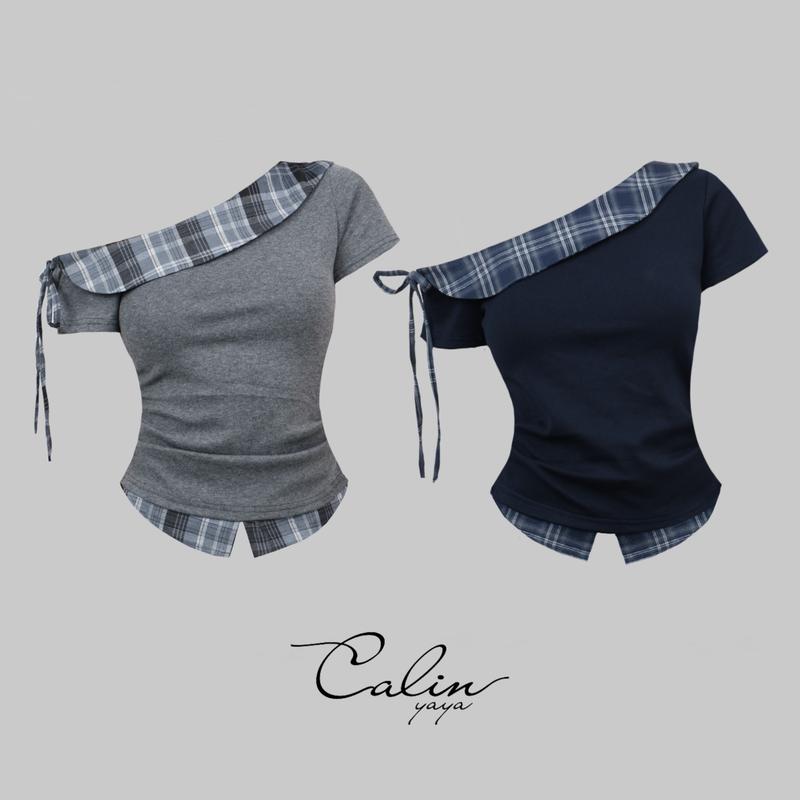  Muse Top - Áo thun lệch vai thiết kế phối cổ caro dễ thương cho Nữ 