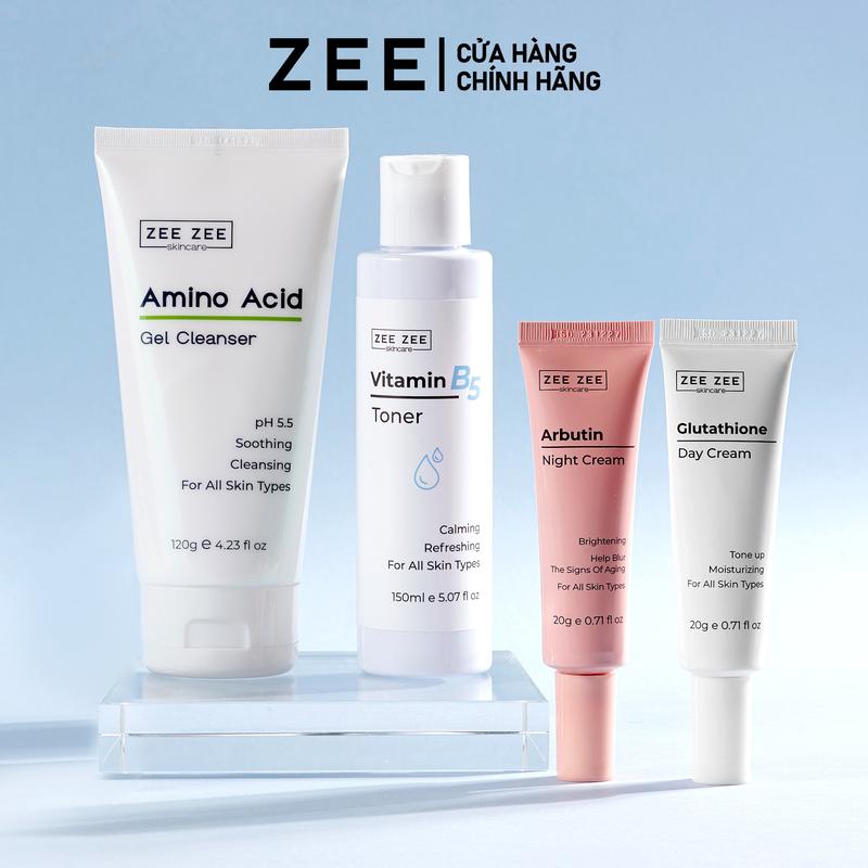  Combo Hỗ trợ cải thiện sắc tố đen dưỡng sáng da phù hợp cho da sạm nám tàn nhang gồm: Glutathione Arbutin Toner vitamin B5 Gel rửa mặt Amino Acid- ZEE ZEE Skincare 