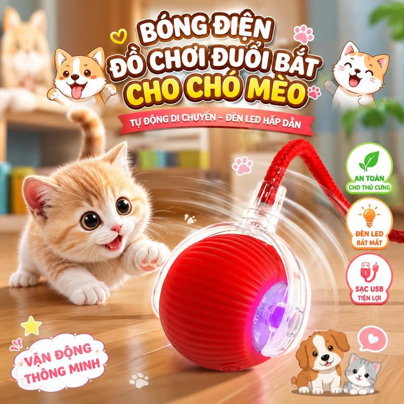Bóng Lăn Tự Động Cho Mèo Chó – Đồ Chơi LED Thông Minh, Kèm Đuôi Dây Vui Nhộn,…