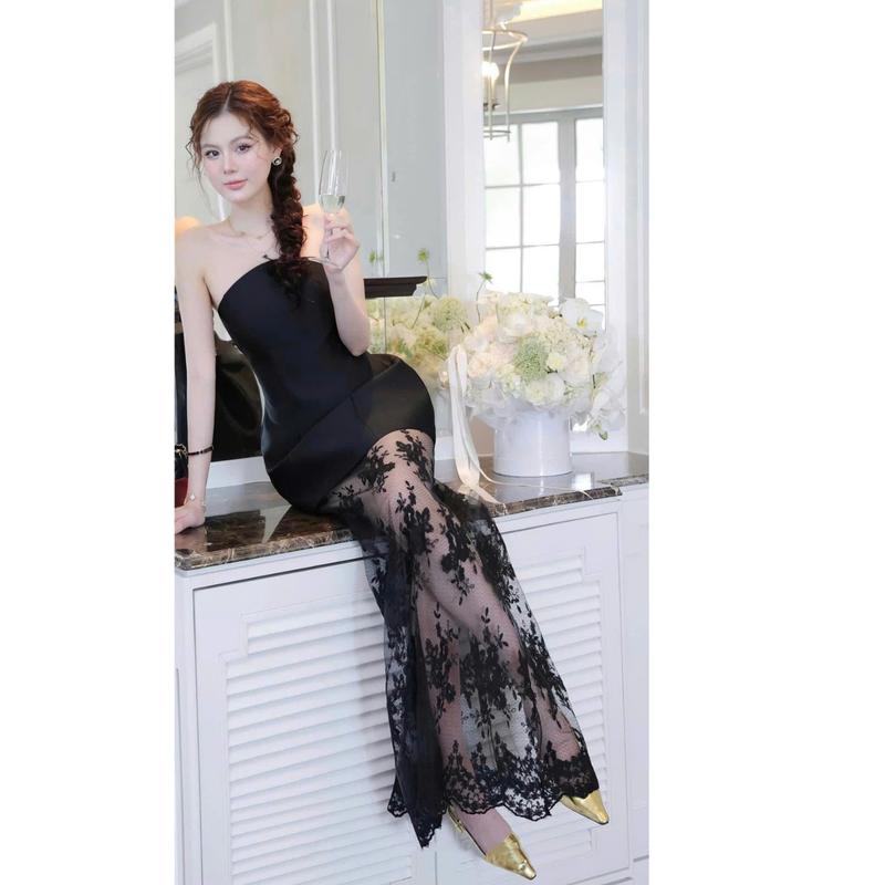 Đầm dự tiệc cúp nơ lưng váy ren hoa dáng dài màu trắng màu đen sang trọng thanh lịch 6