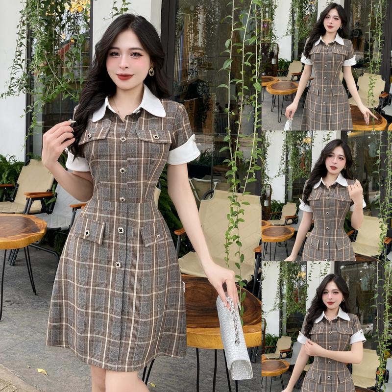 CE23 - Váy Thiết Kế Evii dành cho nữ, Đầm thiết kế kẻ karo cổ đức, có nắp túi tạo điểm nhấn, dáng A ngắn phù hợp đi làm, đi chơi và đi dự tiệc. Có Bigsize Women Dress