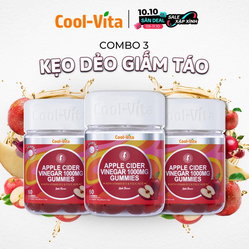 [A] Combo 3 Hộp Kẹo Dẻo Giấm Táo Hỗ Trợ Tiêu Hóa, Hỗ Trợ Tăng Cường Miễn Dịch, Bổ sung Vitamin B12 Coolvita (60 viên x 3g)/hộp