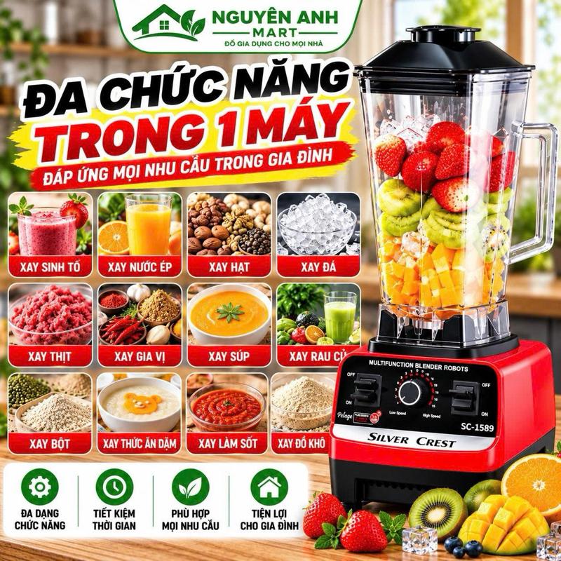 Máy Xay Sinh Tố Đa Năng SILVER CREST SC-1589 Máy Xay Công Nghiệp 2 Cối Xay Công Suất 4500W, Xay Rau Củ Tiện Lợi