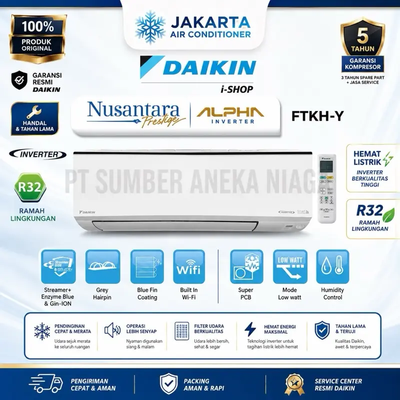 AC DAIKIN Alpha Inverter 1/2 PK FTKH 15 Low Watt Inverter with Built In WiFi