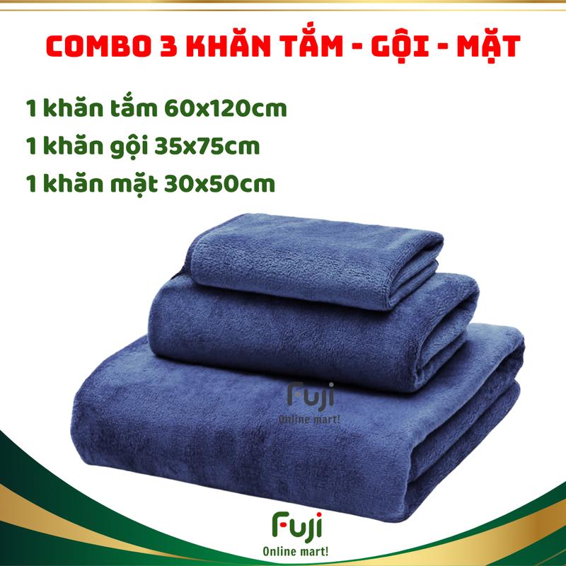 Bộ 3 khăn tắm gội mặt: 1 khăn tắm 60x120cm 1 khăn gội đầu 35x75cm 1 khăn mặt 30x50cm: mềm mại thấm hút không ra lông - Nhà Tắm