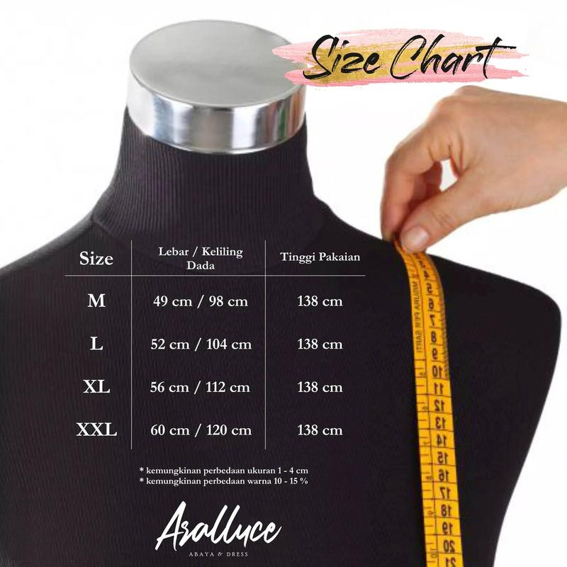 Size Chart UKURAN = LD (lingkar dada) - PB (panjang baju) M = 98-100CM - 138CM L = 102-104CM - 138CM XL = 110-112CM - 138CM XXL = 118-120CM - 138CM Toleransi ukuran 1-2cm / SIZE Gamis Muslim Ceruty Dalaman 5