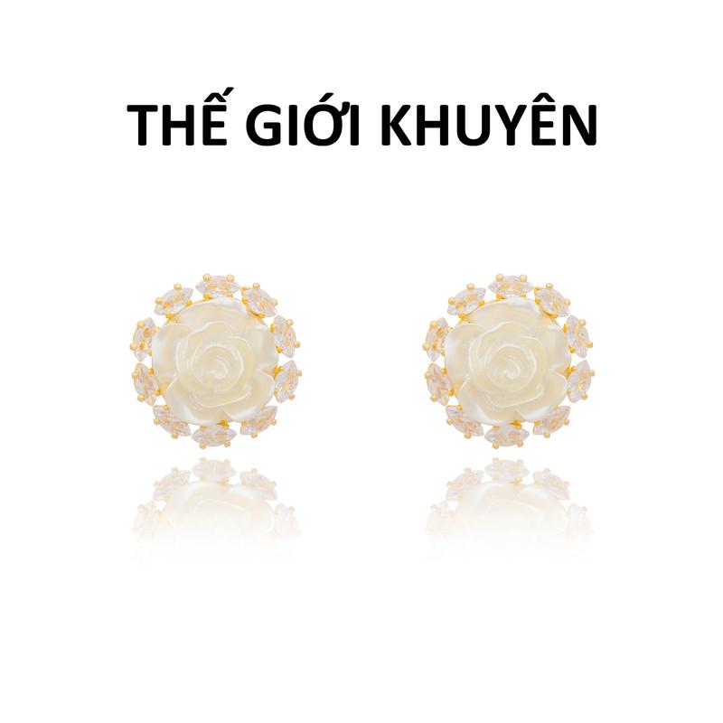 Khuyên Tai Tròn Họa Tiết Bông Hoa Hồng Trắng Viền Đính Đá Zircon Lấp Lánh Toát Lên Nét Thanh Cao Mạ Vàng