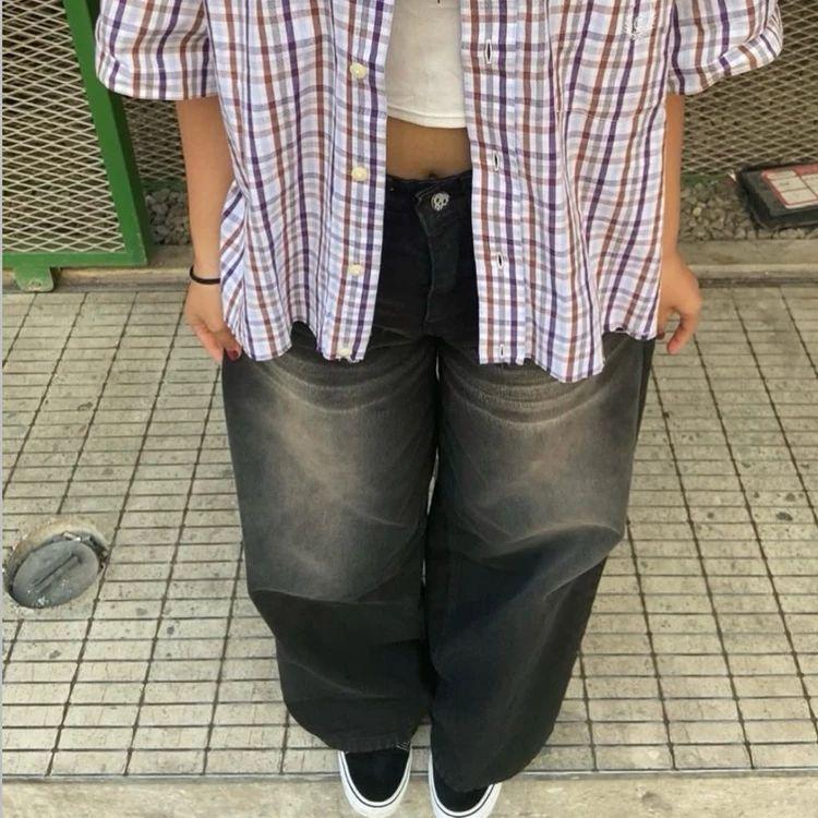 Product Introduction of Celana Jeans Wisker Pria Wanita Unisex Wide Leg Lebar Gombrong Skena Black Wisker pria loose fit jumbo big keren Bahan Denim Celana jeans gombrong Korean style Panjang Hitam 44