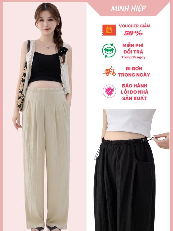 Quần dài bầu rút dây hai bên eo năng động chất vải đũi mềm mại thoáng mát tạo sự thoải mái cho mẹ suốt ngày dài - QB09