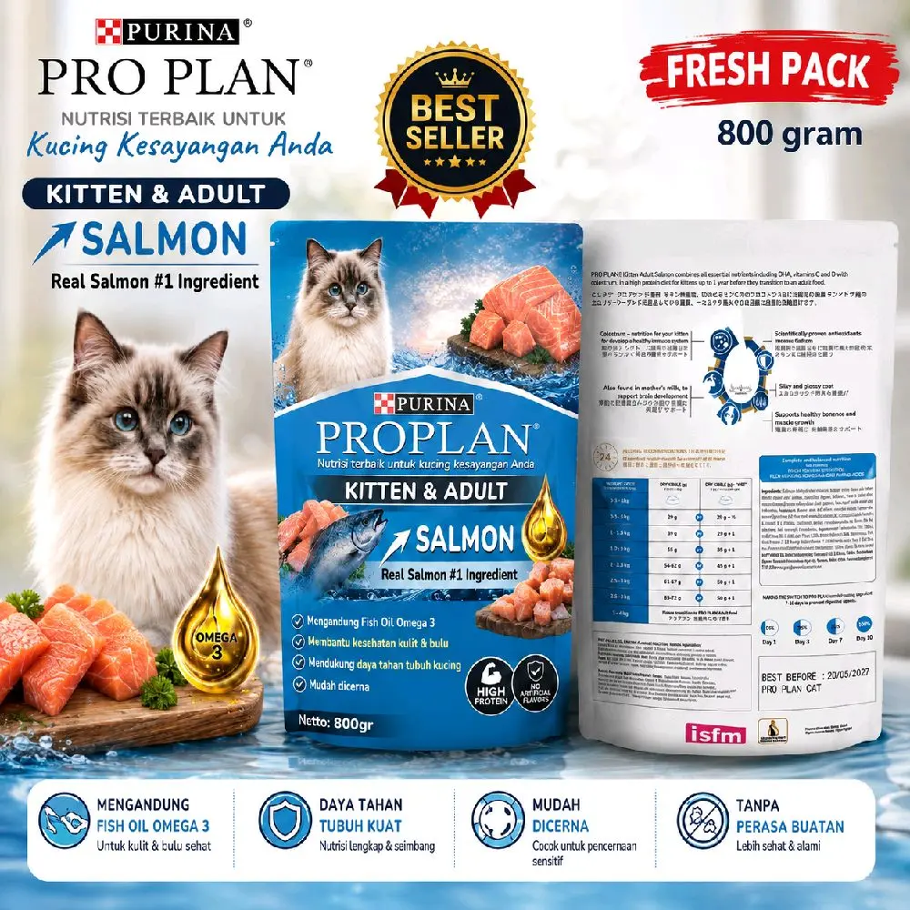 Cat Food Pro Plan Salmon Kitten dan Adult FRESH PACK 800 gram Expired April 2027 Bonus Snack Cat Merawat Bulu Menambah Nafsu Makan Makanan Kucing Kering