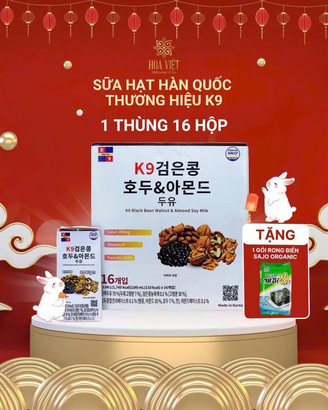 [THÙNG 16 HỘP TẶNG 1 GÓI RONG BIỂN] Sữa hạt Óc chó, hạnh nhân, Đậu đen thương hiệu K9 nhập khẩu Hàn Quốc (Thùng 16 hộp x 190ml)