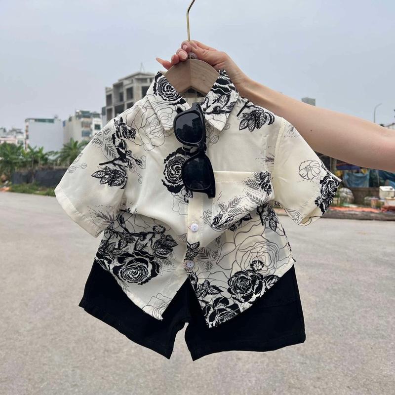  Áo sơ mi lụa cho bé trai Áo sơ mi phối hoạ tiết siêu mát đi học đi chơi cho bé size 9kg-35kg 