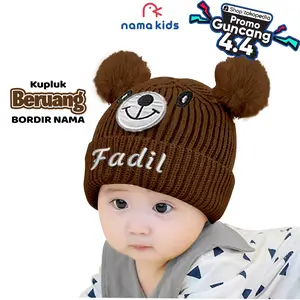 Topi Bordir Nama Kupluk Anak Bayi Pompom Beruang  Kupluk Anak Laki-Laki Perempuan Murah Cewek