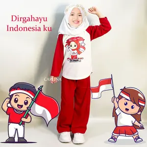 CARLINA Set Baju dan Celana Panjang Merah Putih 17 Merdeka Dirgahayu Anak Perempuan