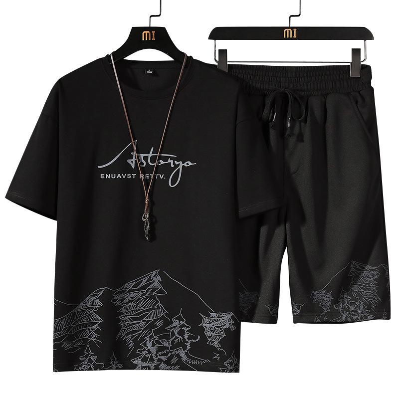 Short-Sleeved T-shirt Suit Men's Summer New Snow Mountain Printing Fashion Trendy Slim Fit Large Size Sports Two-Piece Suit 4