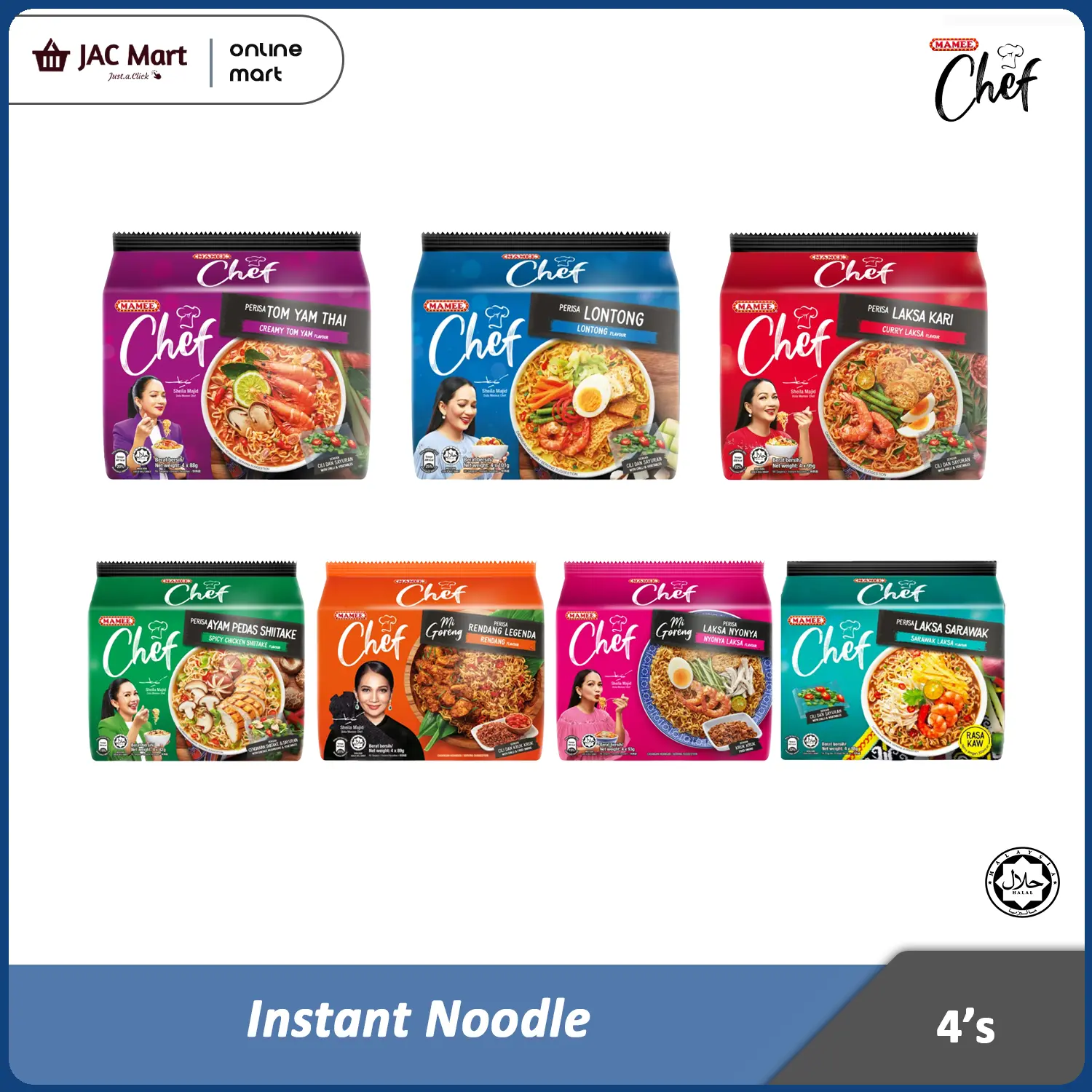 MAMEE CHEF INSTANT NOODLE (CURRY LAKSA / TOM YAM / LONTONG / SPICY CHICKEN / RENDANG)