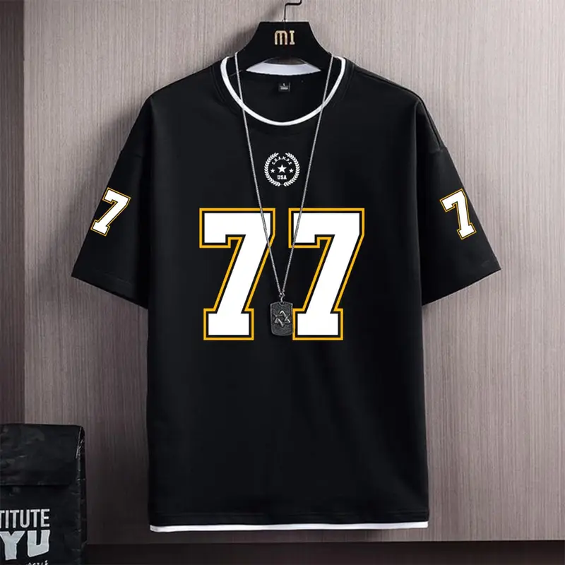 T-shirt Distro Number 77 Hitam - Putih - Abu-abu Oversize Pria Dan Wanita Dewasa Baju Cotton Combed 24s High Premium Kaos Lengan Pendek Size M L XL XXL 2