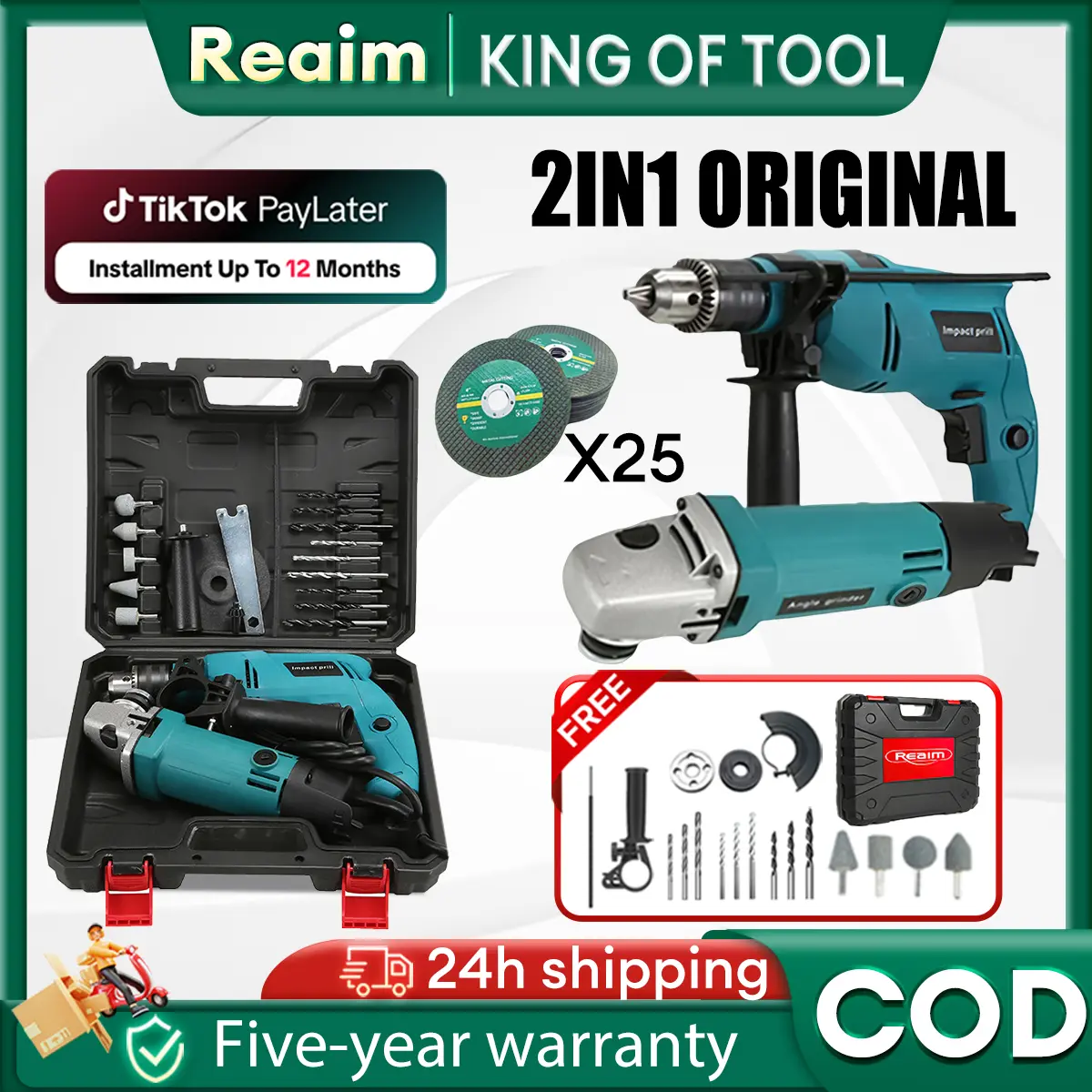 【4.4 Big Sale】REALM Impact Drill And Grinder 2in1 Heavy Duty Original Combo Kit Set 3 1 cordless power tools set tools set for motor grinders and drills set  grinders tool set grinder heavy duty mini grinders tool set drill and grinders set