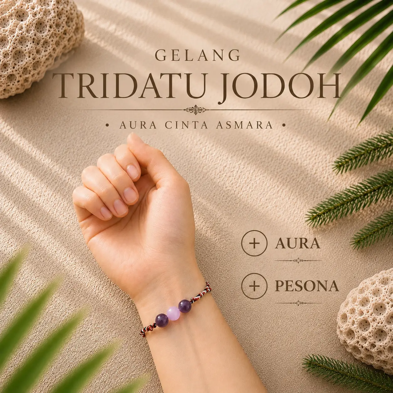 Gelang Tridatu Jodoh Aura Cinta Asmara - Batu Alam Asli Amethyst & Rose Quartz - Aksesoris Pria Wanita