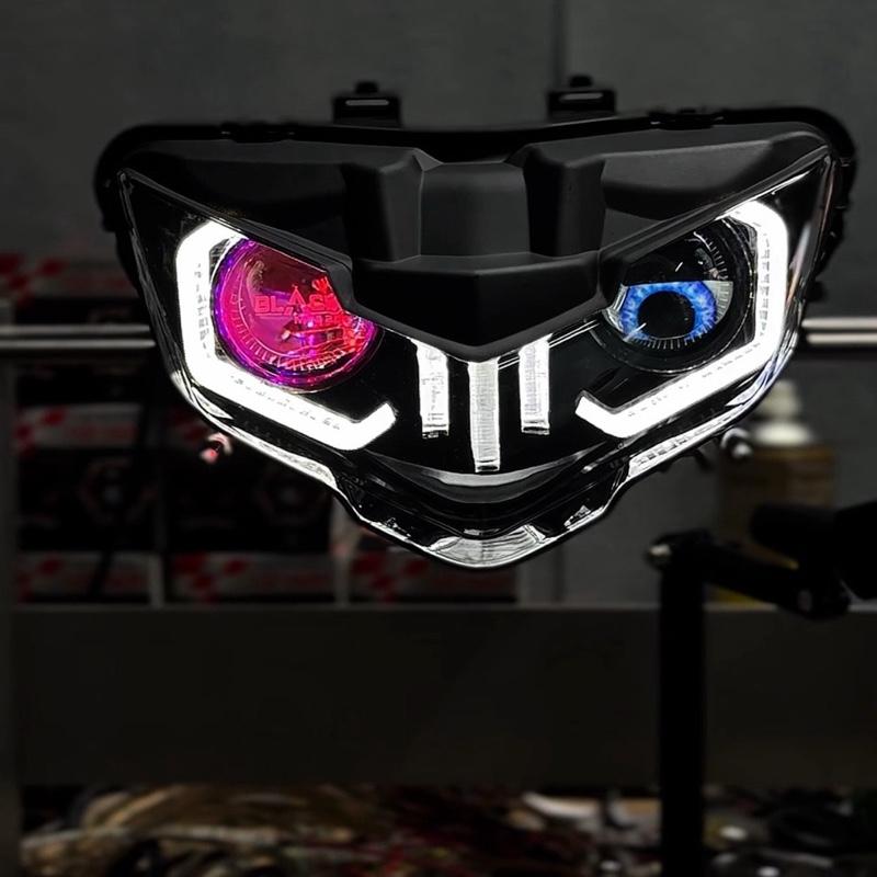 Cụm Bi Cầu Ex 150 Mắt chớp,Mắt Quỷ khiển áp,vòng 3d trắng , lắp đặt như zin ,kèm mạch nguồn về chỉ cắm giắc.