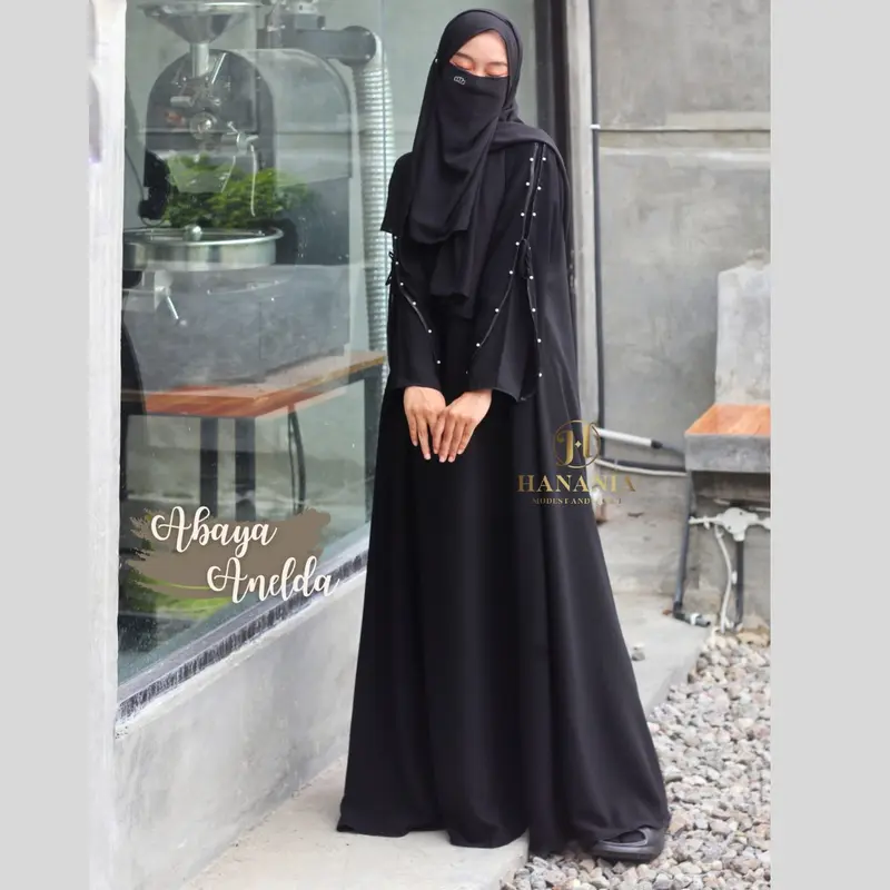 Abaya/gamis Anelda jetblack hitam Muslim Kombinasi Sifon Mutiara by hanania 4