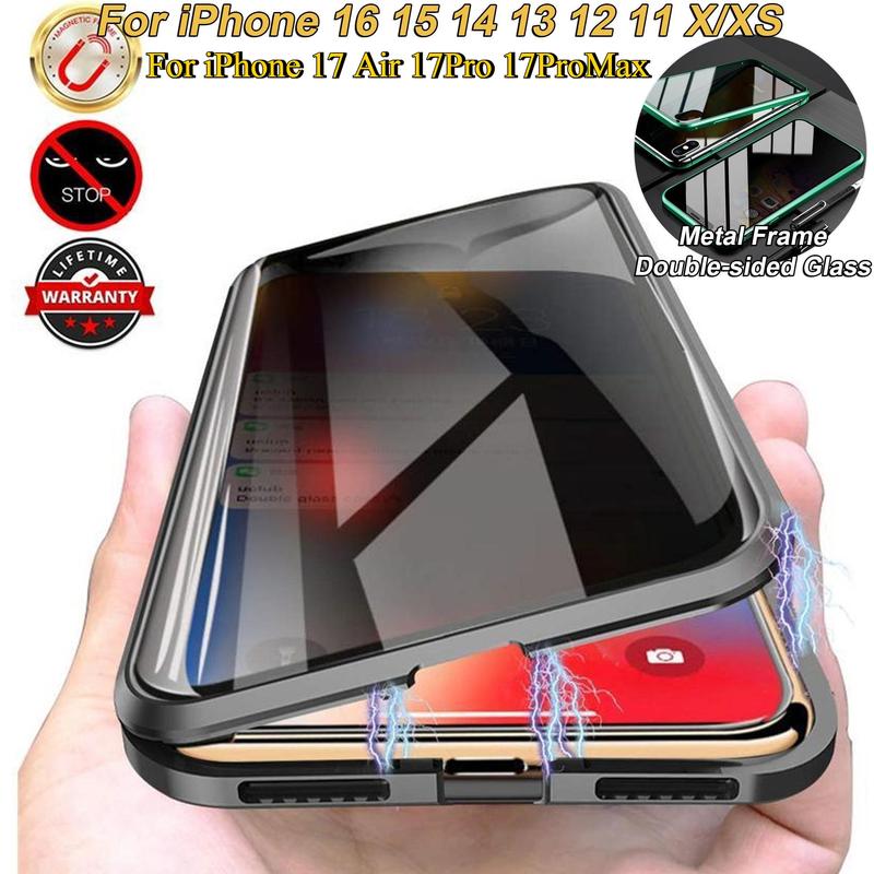  Ốp Kính Ốp Lưng Sốc Kim Loại Chống Nhìn Trộm Hai Mặt Từ Tính Bao Phủ Toàn Bộ Bảo Mật Dành Cho iPhone 17 Air 17Pro 17ProMax 16 15 14 13 Pro Max 12 11 X XS Max XR Vỏ Chống Gián Điệp 