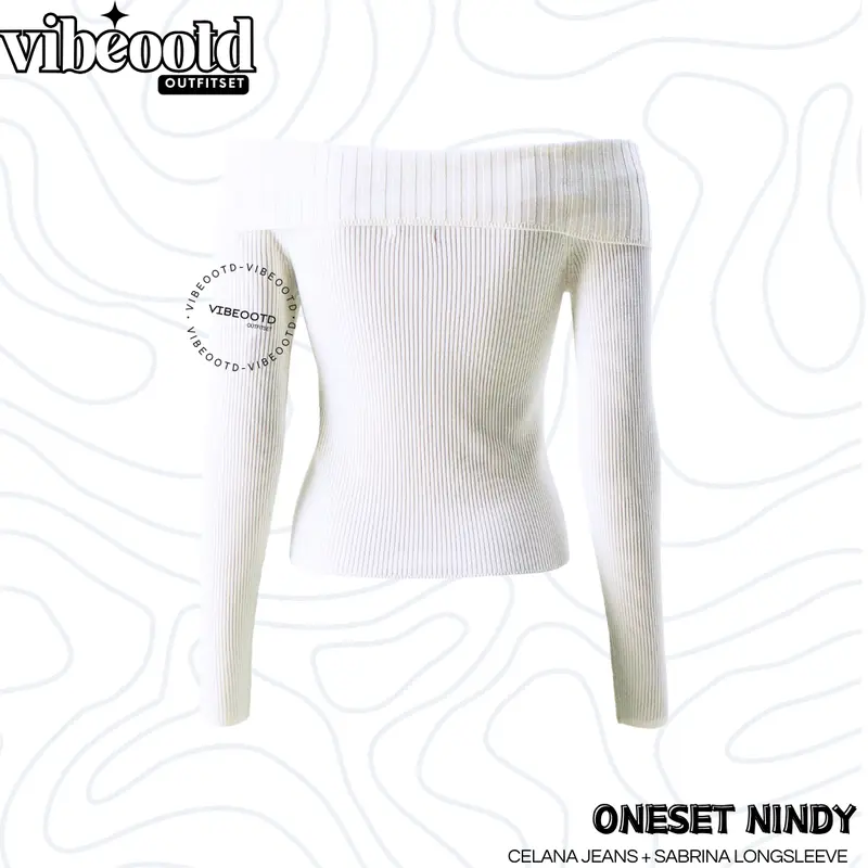 Nindy Outfit Set Wanita  ( Celana Loose Pants Denim + Atasan Sabrina Longsleeve Premium Basic ) Setelan Santai Cantik  | Ootd Hangout Simple |  One Set Nyaman Casual Fit Panjang Lembut 3