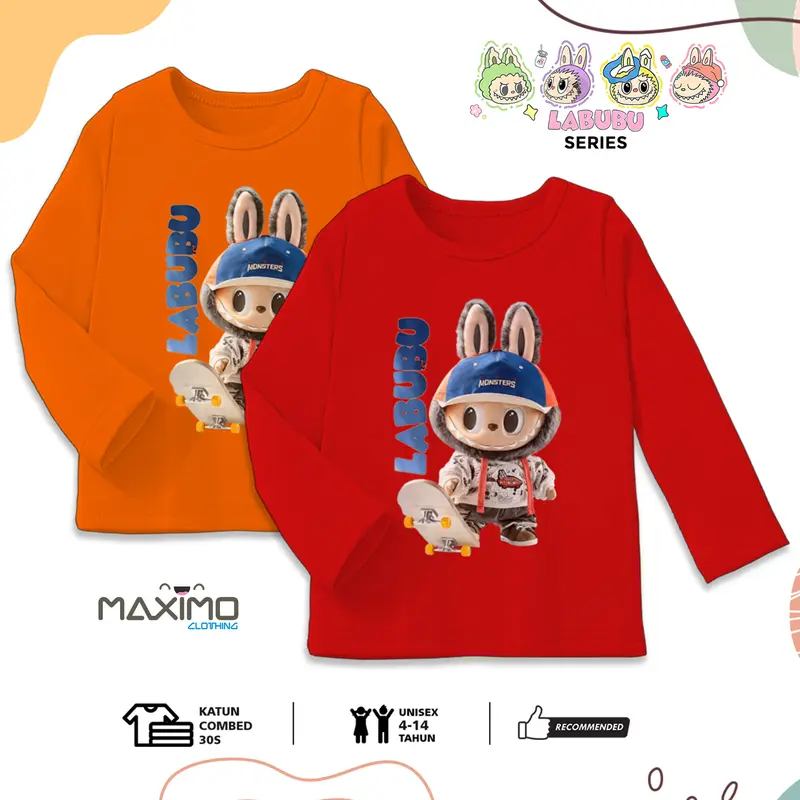 Kaos Baju Labubu Anak Skate Lengan Panjang Usia 4-12 Tahun Bahan Katun Combed 4