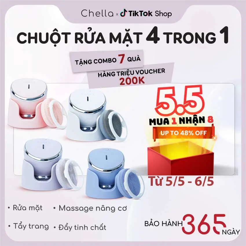 Chuột Rửa Mặt Chella 4 Trong 1 Máy rửa mặt kiêm Tẩy trang Đẩy Tinh Chất Nâng Cơ - Bảo Hành 365 Ngày - Skincare Nữ Women