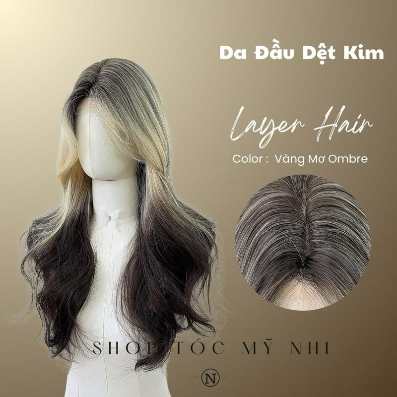  Tóc Giả Mỹ Nhi Xoăn Layer Mái Bay Màu Tóc Vàng Mơ Nhuộm Ombre x-dk1-0117 Da Đầu Dệt Kim 