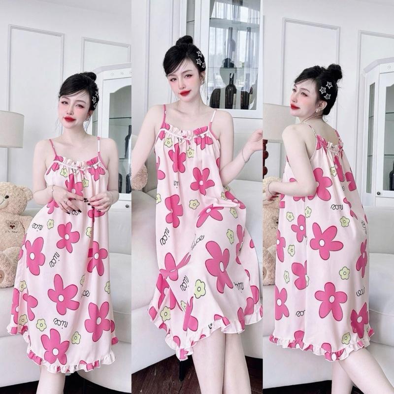 Váy Ngủ Lụa 100D Mềm Hai Dây - Hoa Nhí Dễ Thương- Mát Mẻ Thoải Mái Mùa Hè- 40-75kg