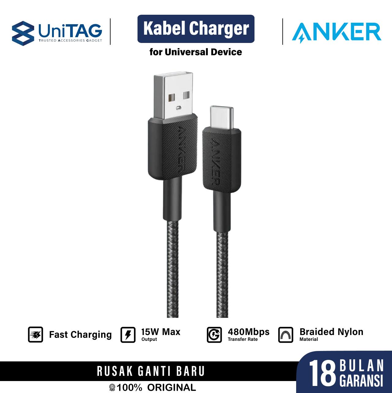 Anker Kabel Charger USB C - USB A 15W Braided 0.9m 322 Powerline - White A81H5H21