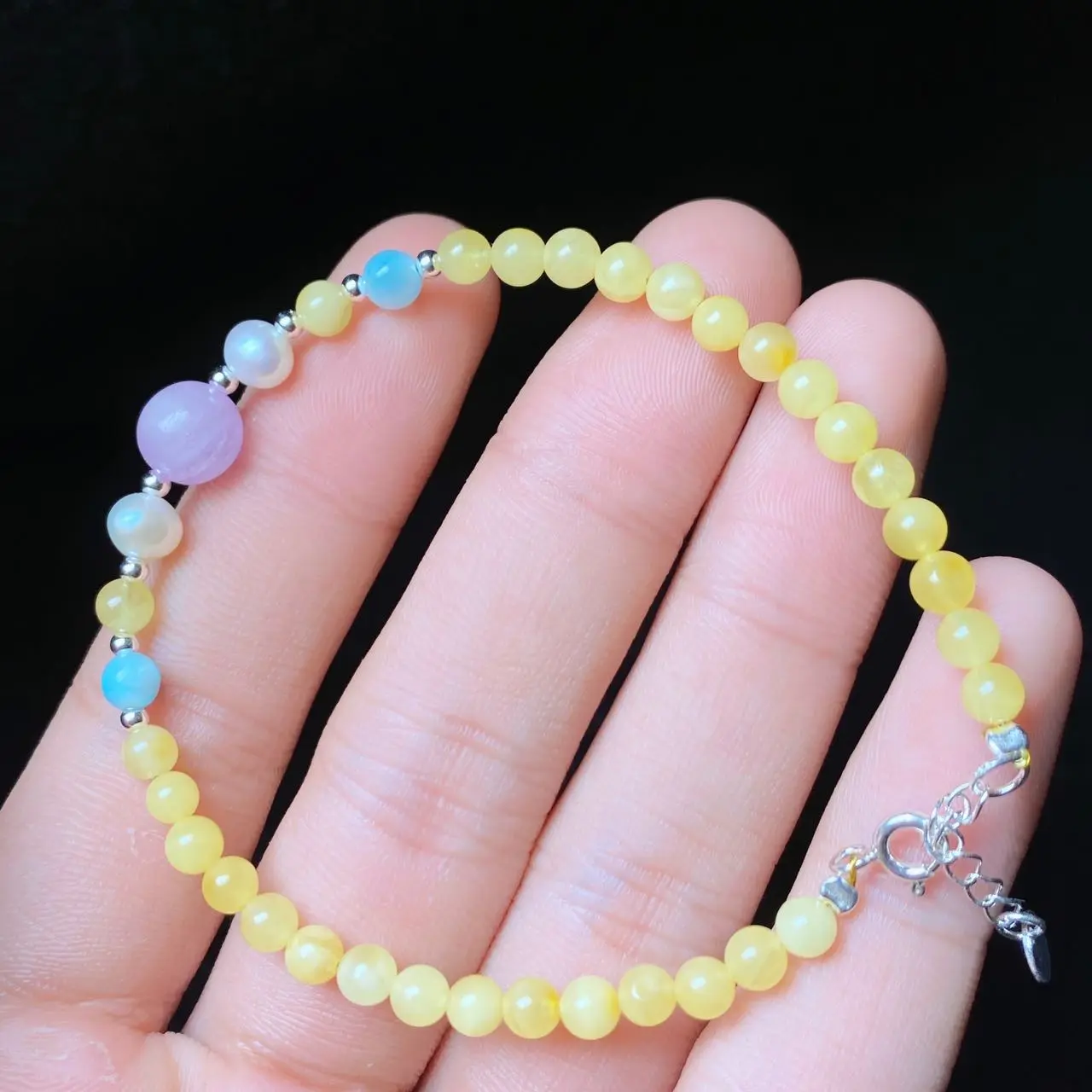 CloudjewelryGlobal Amethyst Larimar Freshwater Pearls Sterling Silver Spacer Beads Jewelry Beeswax Single Loop Bracelet