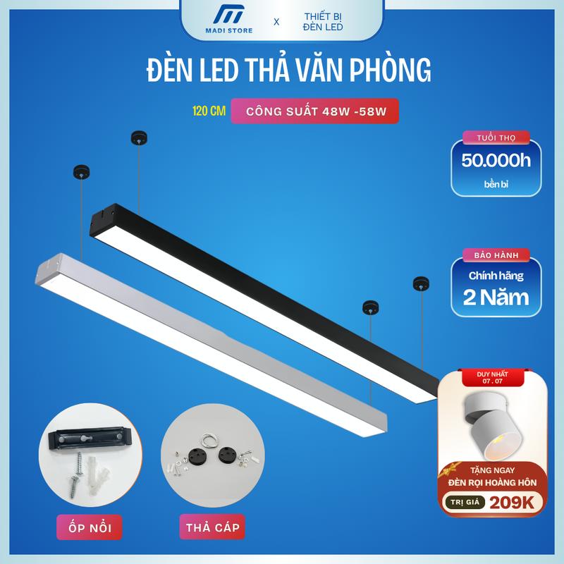 Đèn led thả văn phòng, Đèn máng thả trần khung nhôm cao cấp dài 1m2, bảo hành 24 tháng