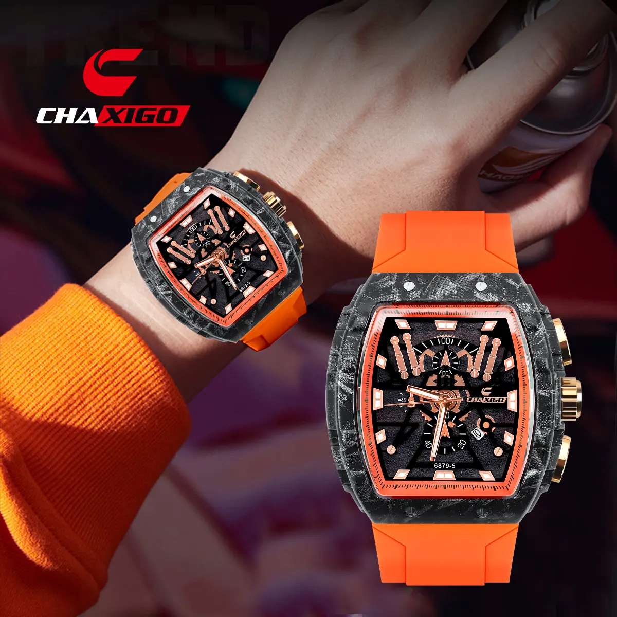 Đồng Hồ Thạch Anh Chronograph Nam, CHAIXGO, Mặt Số Tonneau, Hợp Kim Dạ Quang, Đồng Hồ Thể Thao Ngoài Trời, Dây Đeo Silicon Màu Cam, 6879-5