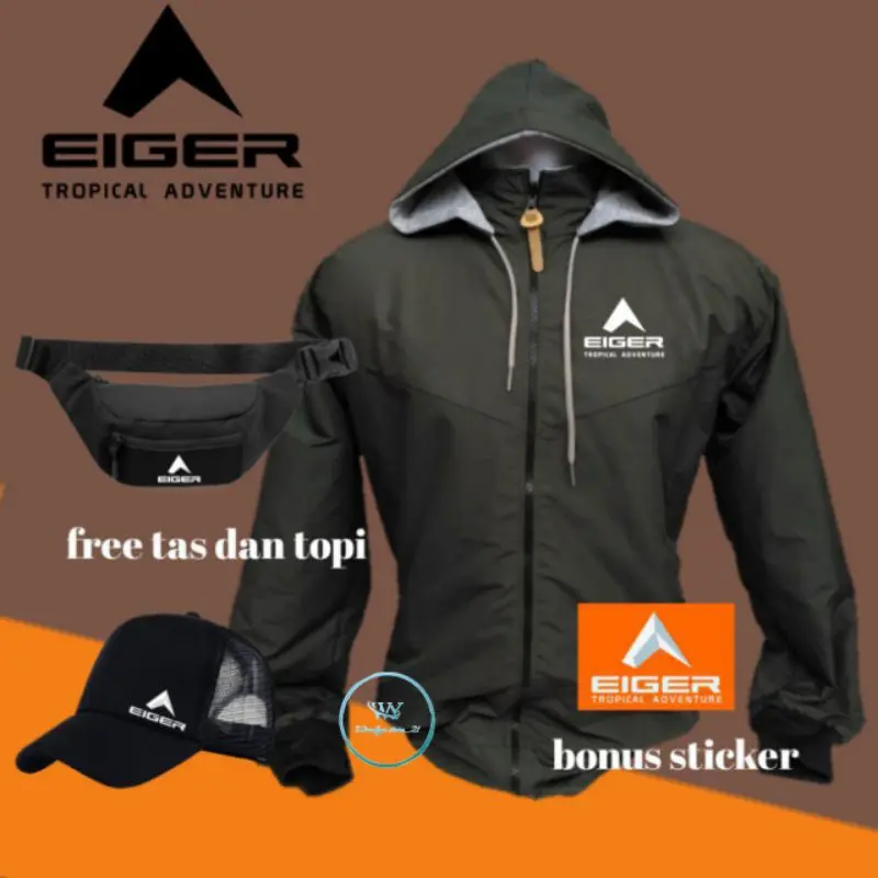 jaket parasut eig_r waterproof anti air bisa bolak balik free tas&topi bonus stiker